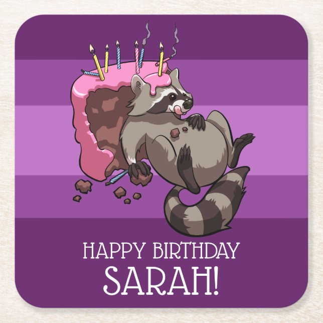 Add Your Name Happy Birthday Funny Racoon Cartoon Square Paper Coaster (Front)