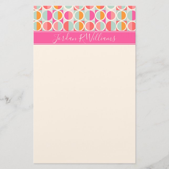 Add Your Name | Hot Pink Retro Circle Pattern Stationery (Front)