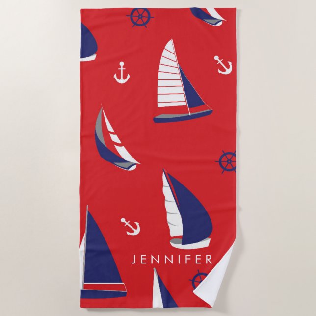 Add Your Name | Lean Sailboat Pattern Beach Towel (Front)