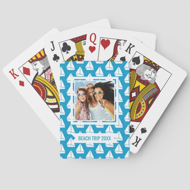 Add Your Name | Light Blue Sailboat Pattern Playing Cards (Back)
