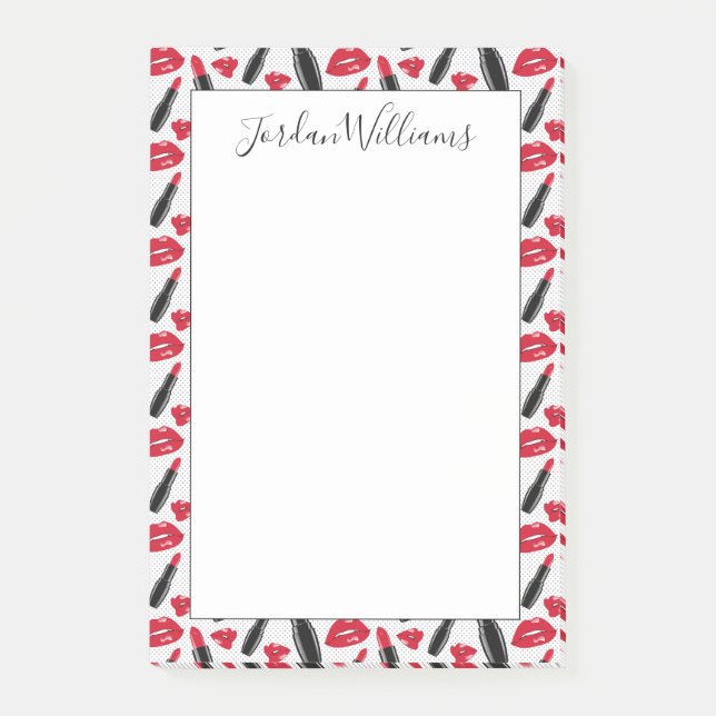 Add Your Name | Lipstick And Lips Polka Dot Patter Post-it Notes (Front)