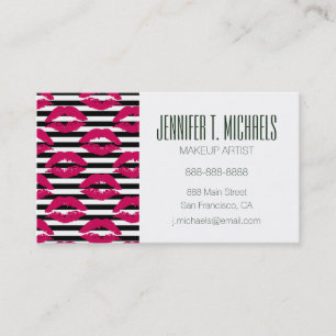 Add Your Name Lipstick Kiss B&W Striped Pattern Business Card