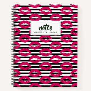 Add Your Name   Lipstick Kiss B&W Striped Pattern Notebook