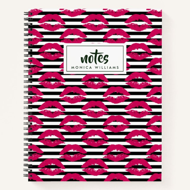 Add Your Name | Lipstick Kiss B&W Striped Pattern Notebook (Front)