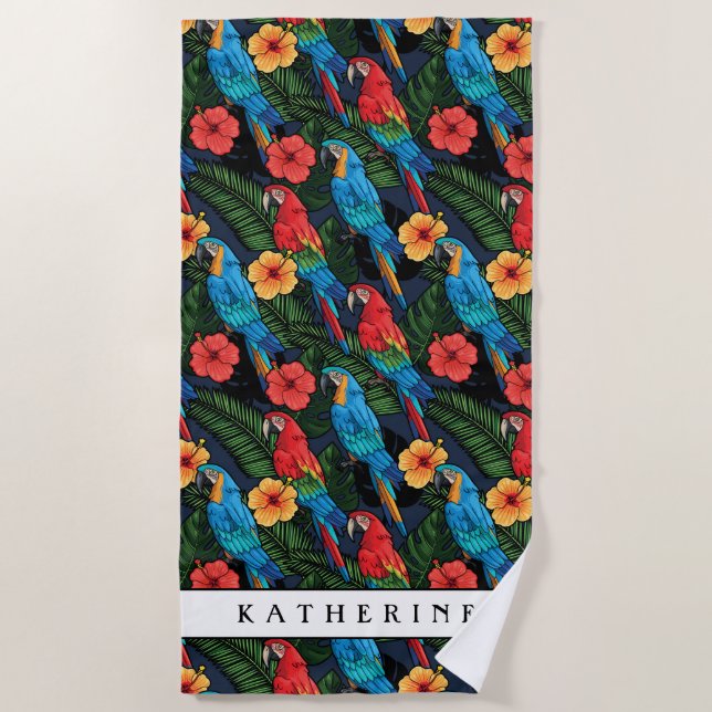 Add Your Name | Macaw And Hibiscus Pattern Beach Towel (Front)