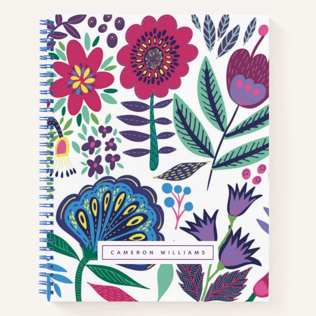 Add Your Name | Magenta Folk Art Floral Pattern Notebook (Front)