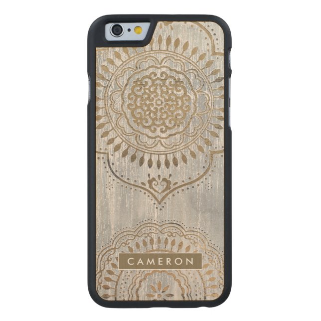 Add Your Name | Mandala Gold Design Carved Wood iPhone Case (Back)