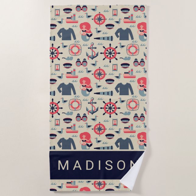 Add Your Name | Marine Life Pattern Beach Towel (Front)
