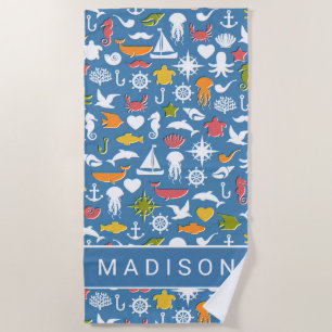 Add Your Name   Marine Symbols Pattern Beach Towel
