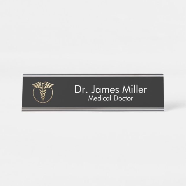 Add Your Name Medical Caduceus Symbol Black Gold   Desk Name Plate (Front)