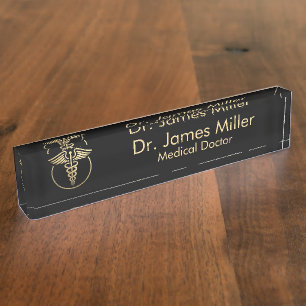 Add Your Name Medical Caduceus Symbol Black Gold Nameplate