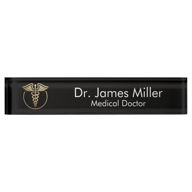 Add Your Name Medical Caduceus Symbol Black Gold   Nameplate (Front)