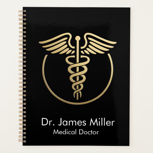 Add Your Name Medical Caduceus Symbol Black Gold Planner (Front)