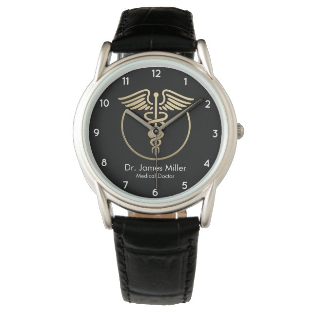 Add Your Name Medical Caduceus Symbol Black Gold Watch (Front)