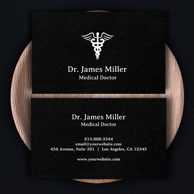 Add Your Name Medical Caduceus Symbol black white  Business Card (Creator Uploaded)
