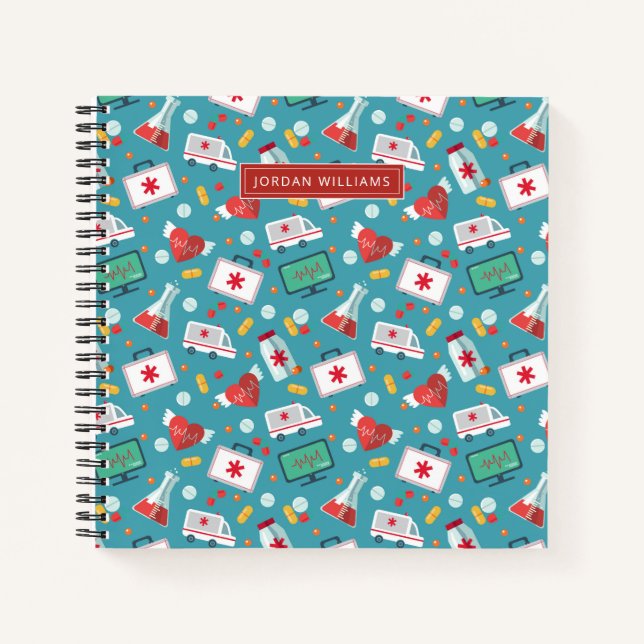 Add Your Name | Medical Icon Pattern Notebook (Front)