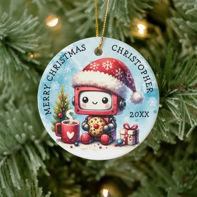 Add Your Name Merry Christmas Cute Robot Ceramic Ornament (Tree)