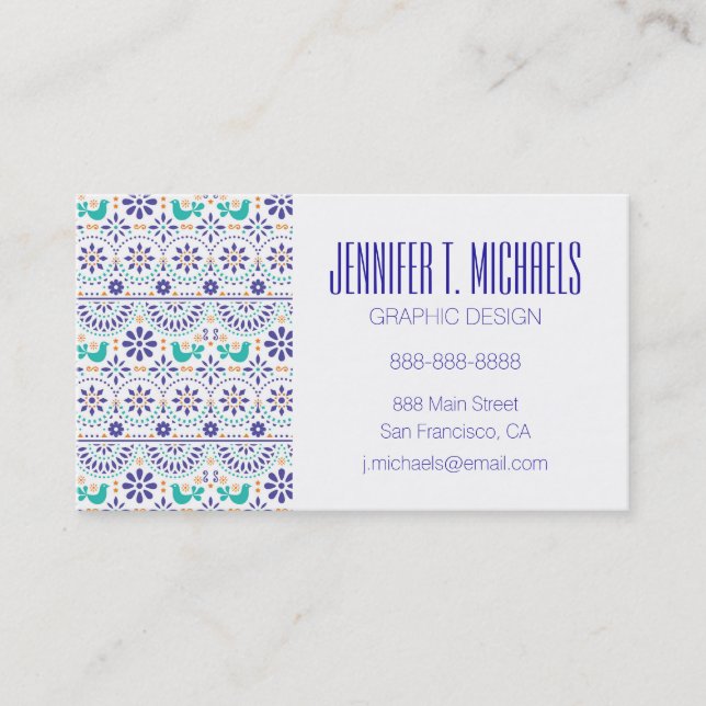 Add Your Name | Mexican Bird Tile Folk Art Pattern Business Card (Front)
