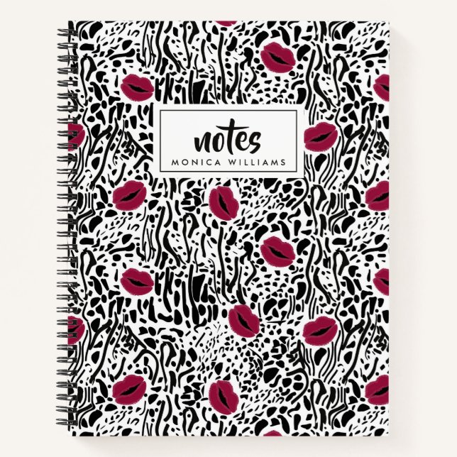 Add Your Name | Modern Lipstick Lips B&W Pattern Notebook (Front)