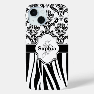 Add Your Name Monogram Damask Jungle Zebra Stripes iPhone 15 Case