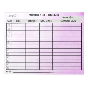 Add Your Name Monthly Bill Tracker Watercolor      Notepad