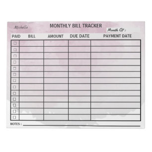 Add Your Name Monthly Bill Tracker Watercolor      Notepad