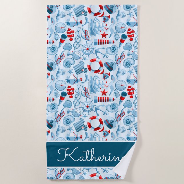 Add Your Name | Nautical Red White & Blue Pattern Beach Towel (Front)