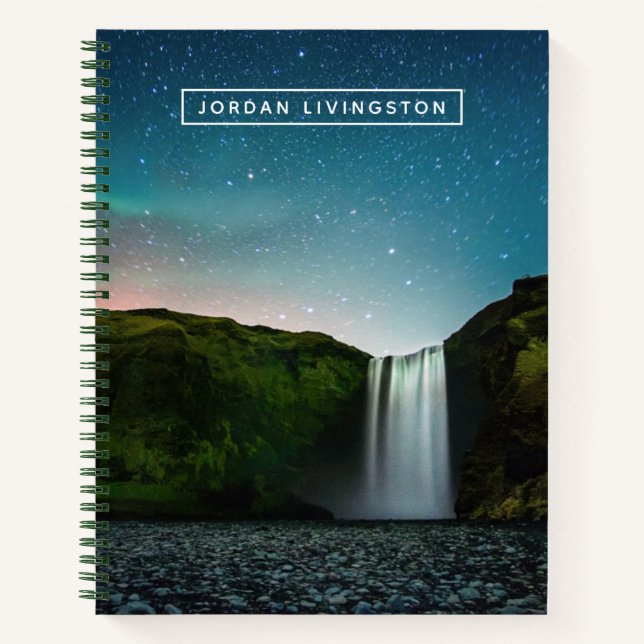 Add Your Name | Night at Skógafoss Notebook (Front)