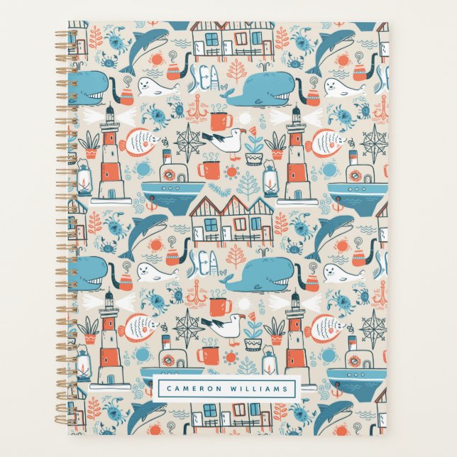 Add Your Name | North Sea Cute Doodle Pattern Planner (Front)
