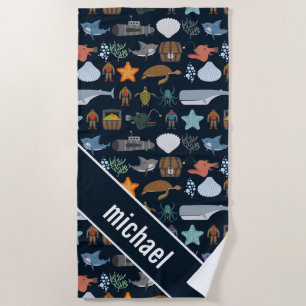 Add Your Name   Ocean Inhabitants Pattern Beach Towel
