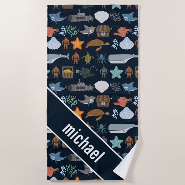 Add Your Name | Ocean Inhabitants Pattern Beach Towel (Front)