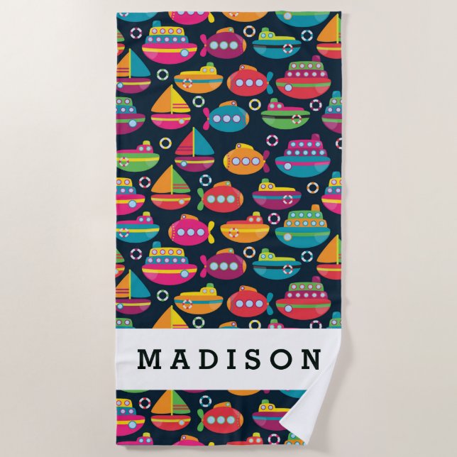 Add Your Name | Ocean Transportation Pattern Beach Towel (Front)