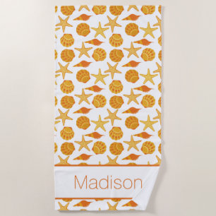 Add Your Name Orange Beach Shell Pattern Beach Towel
