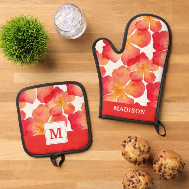 Add Your Name | Orange Oleander Floral Pattern Oven Mitt & Pot Holder Set (Top Down)