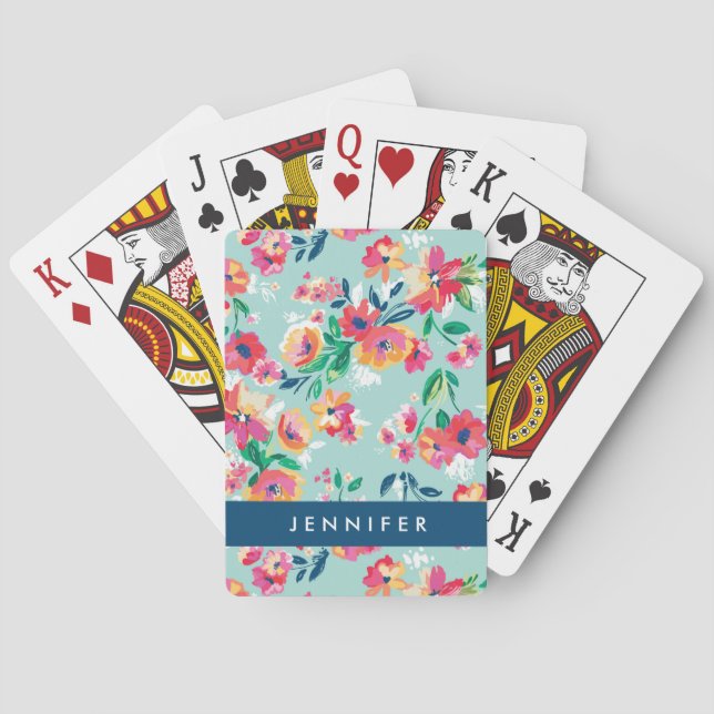 Add Your Name | Painted Flowers Pattern Playing Cards (Back)