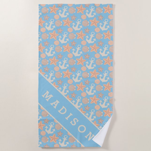 Add Your Name | Pastel Nautical Pattern Beach Towel (Front)