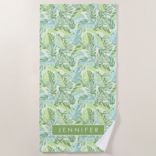 Add Your Name   Pastel Tropical Palm Leaves Beach Towel