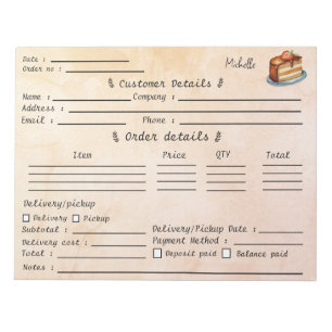 Add Your Name Pastry Cupcake Bakery Order Form     Notepad