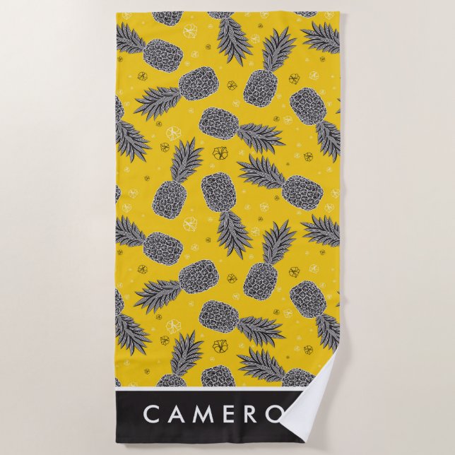 Add Your Name | Pineapples On Gold Beach Towel (Front)
