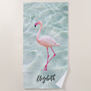 Add Your Name - Pink Flamingo Tropical Sandy Beach Towel