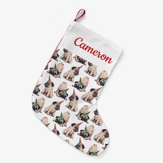 Add Your Name | Puppy Pugs | Aspiring Unicorn Small Christmas Stocking (Front (Hanging))