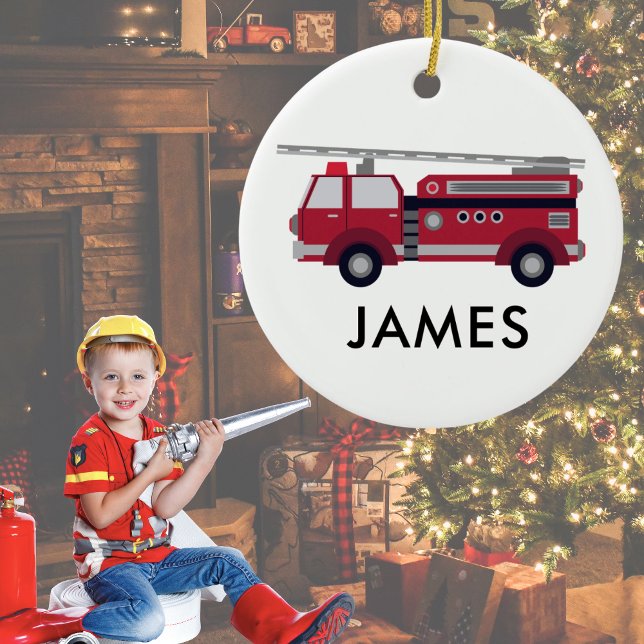 Add Your Name Red Fire truck Personalised Ceramic Ornament (Creator Uploaded)