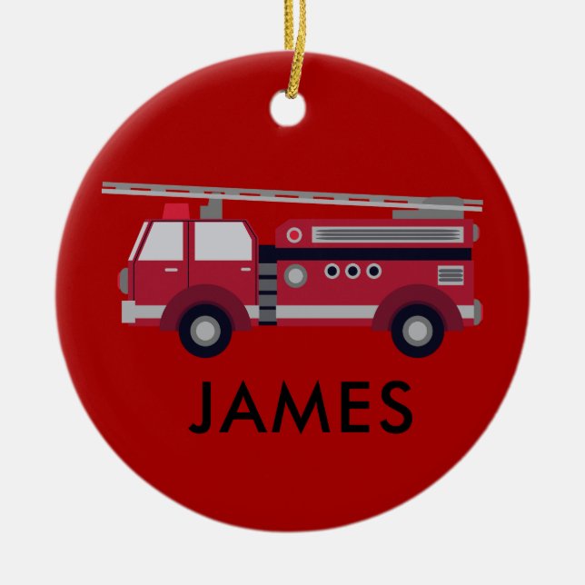 Add Your Name Red Fire truck Personalised Ceramic Ornament (Front)