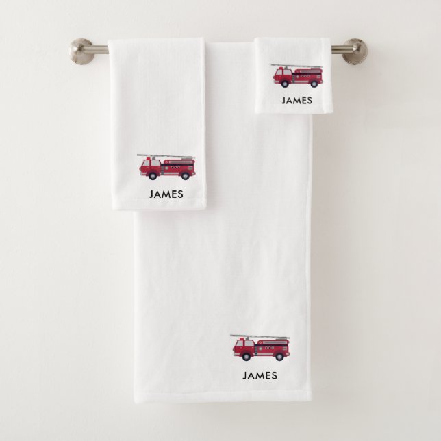 Add Your Name Red Fire truck Personalized Kids Bath Towel Set (Insitu)