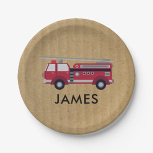 Add Your Name Red Fire truck Personalized Paper Plate