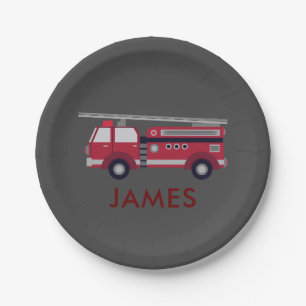 Add Your Name Red Fire truck Personalized Paper Plate
