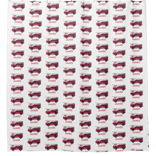Add Your Name Red Fire truck Personalized Shower Curtain (Front)