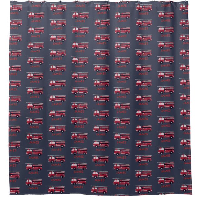 Add Your Name Red Fire truck Personalized Shower Curtain (Front)