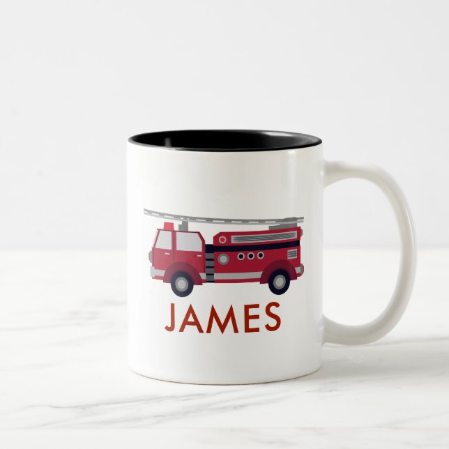 Add Your Name Red Fire truck Personalized Two-Tone Coffee Mug (Right)