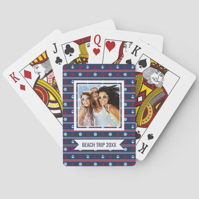 Add Your Name | Red White And Blue Nautical Patter Playing Cards (Back)